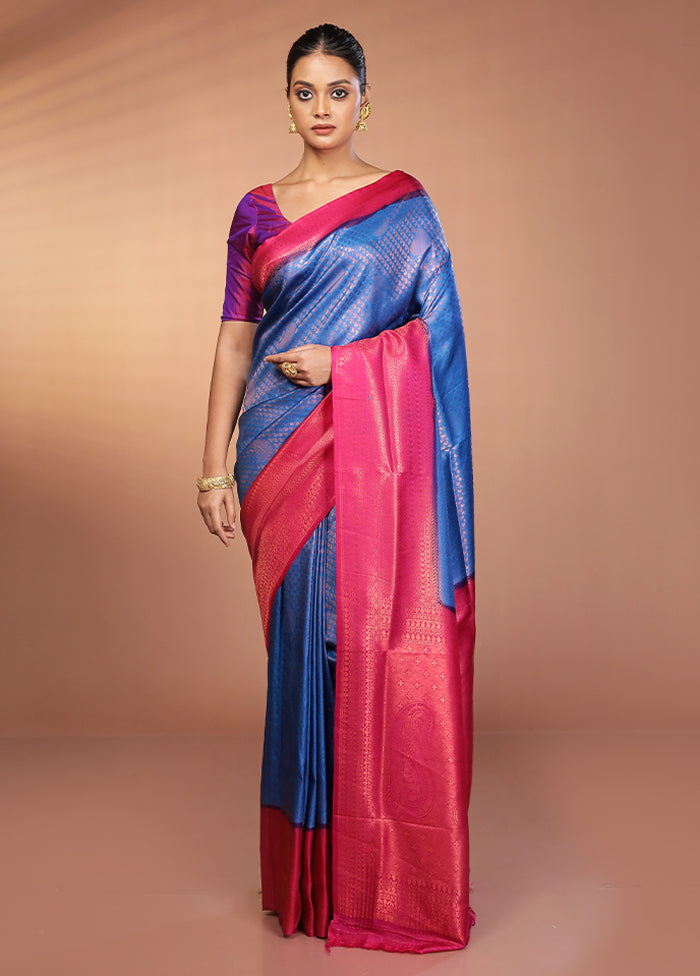 Blue Dupion Silk Saree With Blouse Piece