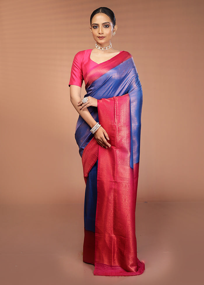 Blue Dupion Silk Saree With Blouse Piece