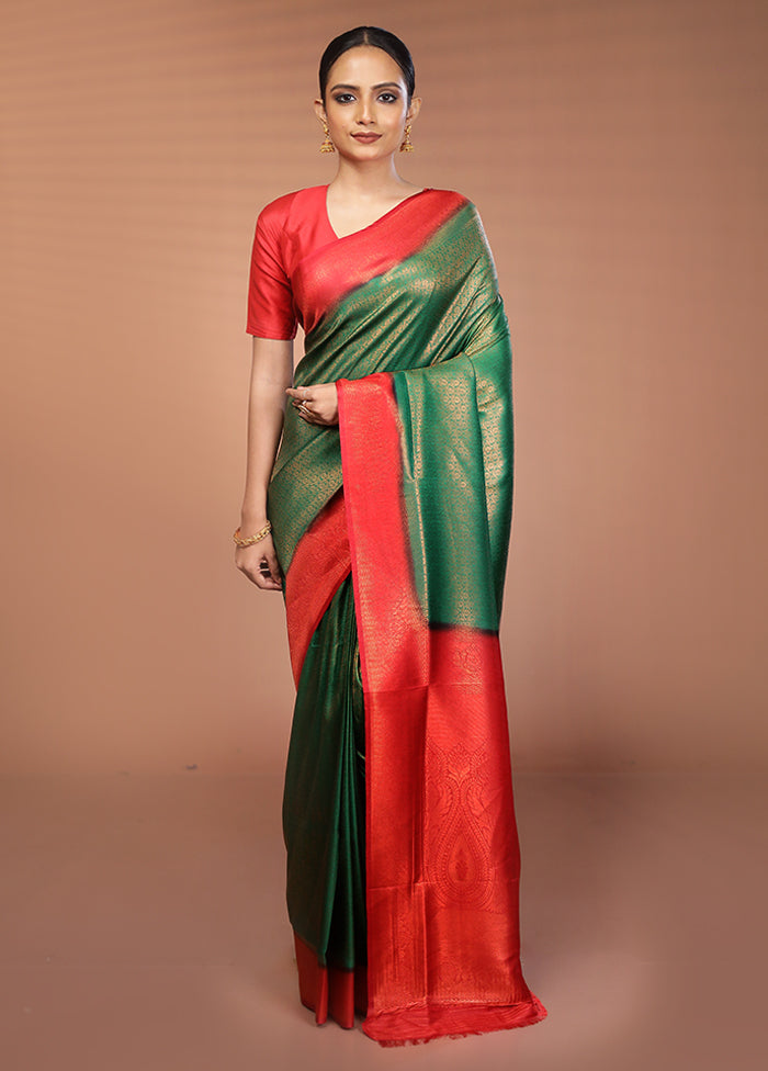 Green Dupion Silk Saree With Blouse Piece
