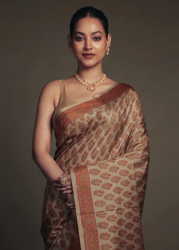 Cream Printed Pure Silk Saree Without Blouse Piece