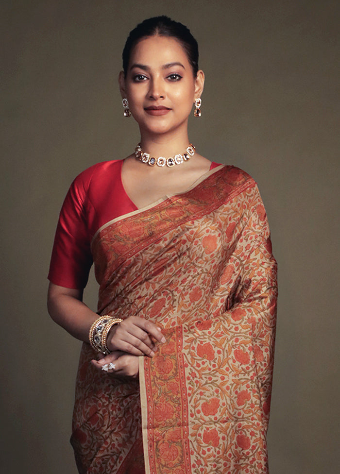 Cream Printed Pure Silk Saree Without Blouse Piece