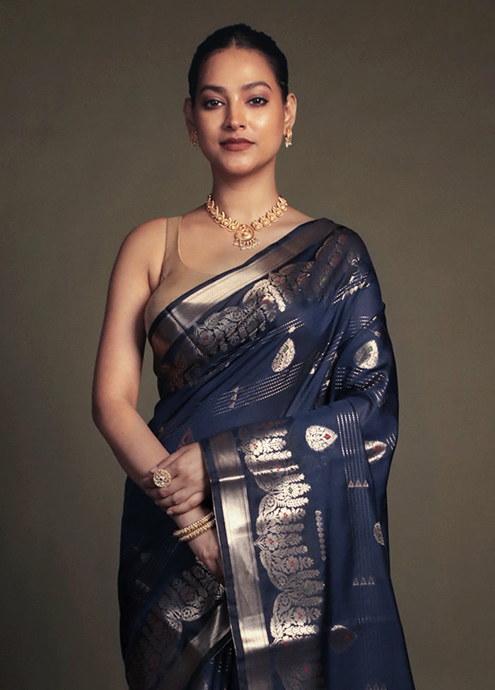 Blue Kora Silk Saree With Blouse Piece