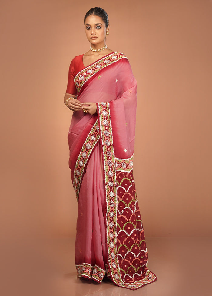 Maroon Handloom Pure Georgette Saree With Blouse Piece