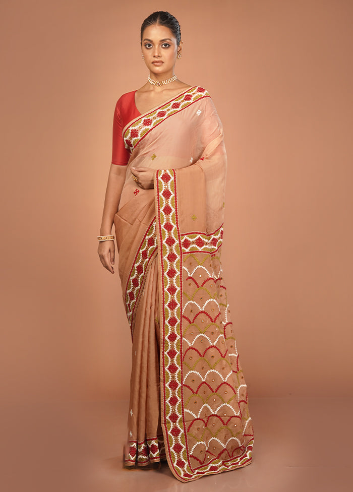 Cream Handloom Pure Georgette Saree With Blouse Piece