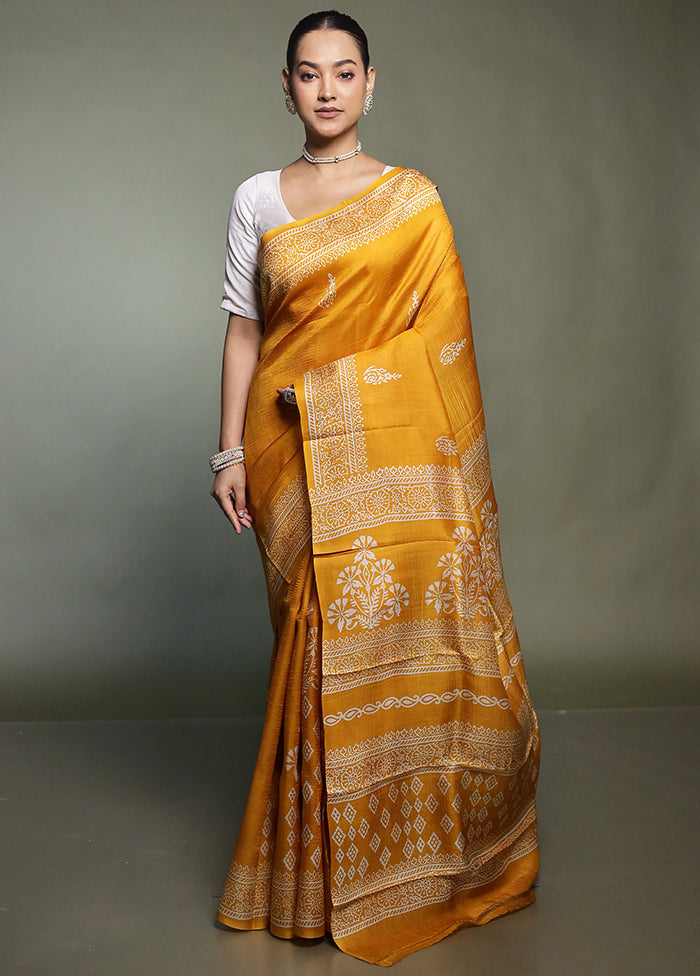 Yellow Printed Pure Silk Saree Without Blouse Piece