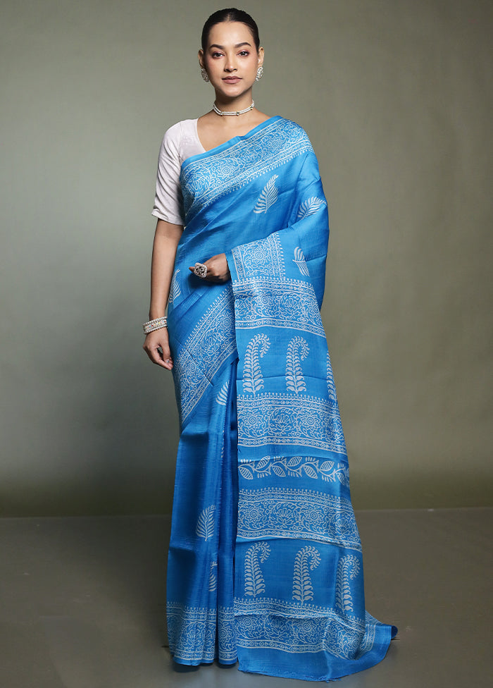Blue Printed Pure Silk Saree Without Blouse Piece