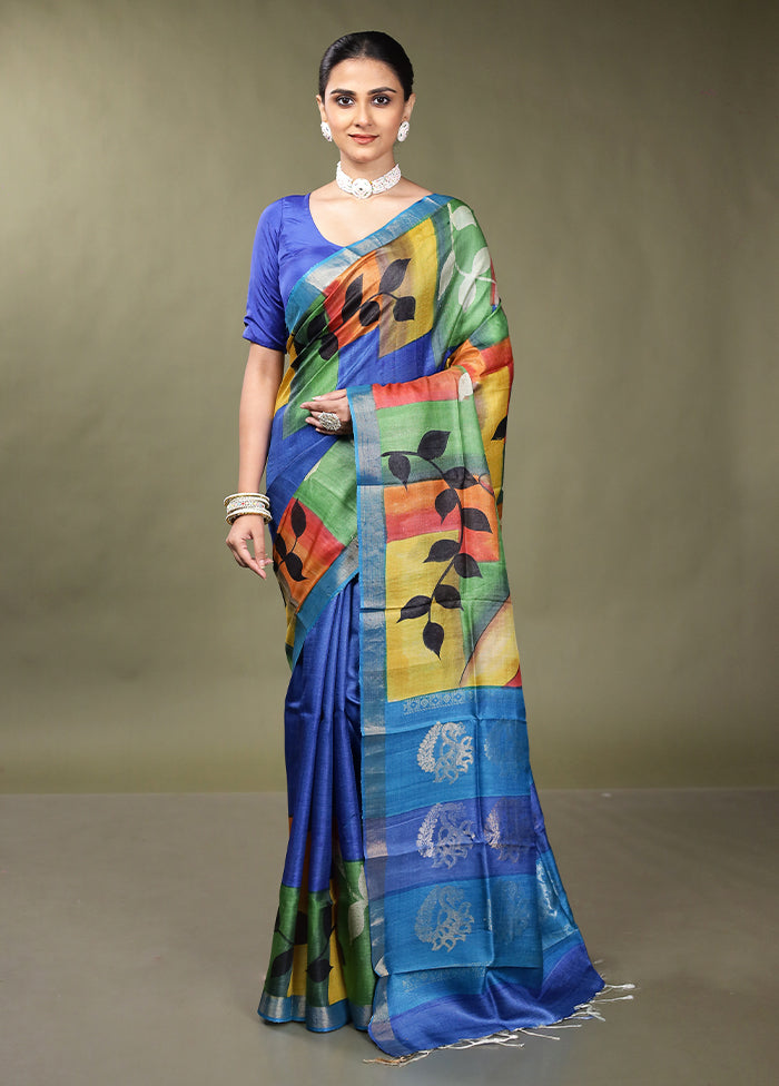 Blue Handloom Tussar Pure Silk Saree With Blouse Piece