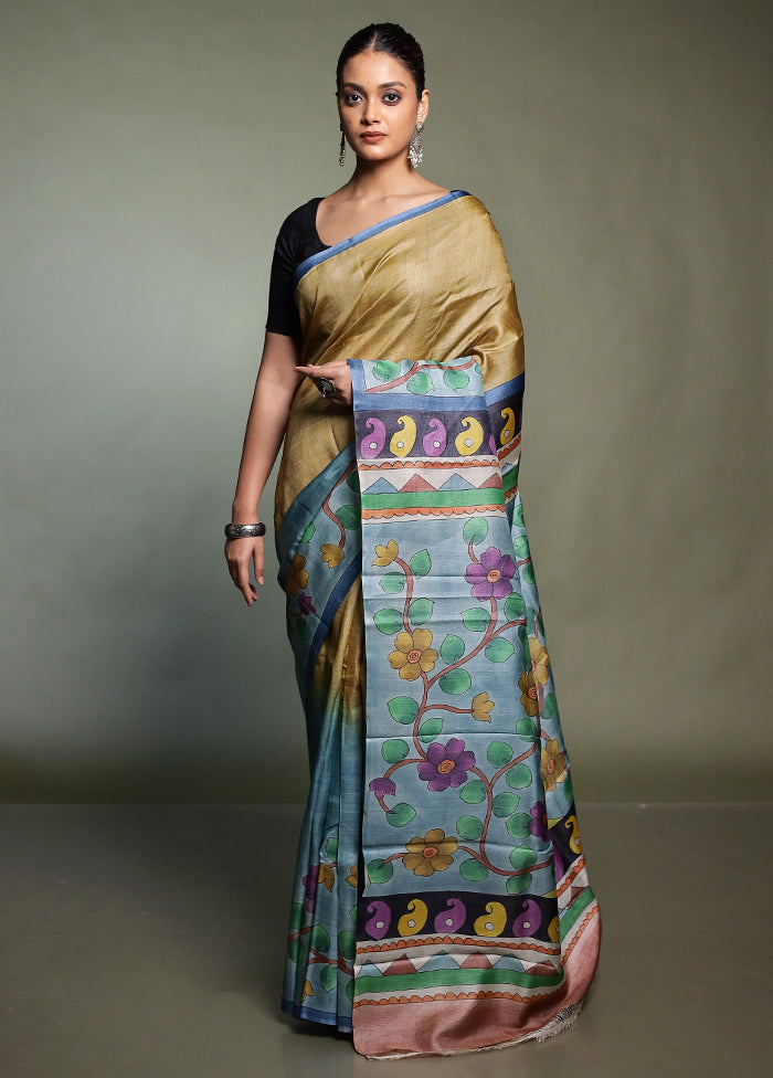 Blue Handloom Tussar Pure Silk Saree With Blouse Piece