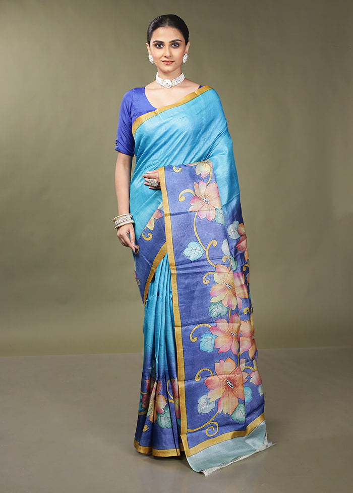 Blue Handloom Tussar Pure Silk Saree With Blouse Piece