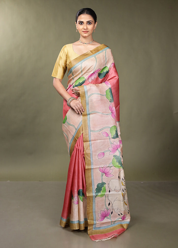 Multicolor Handloom Tussar Pure Silk Saree With Blouse Piece