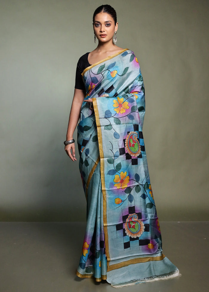 Multicolor Handloom Tussar Pure Silk Saree With Blouse Piece