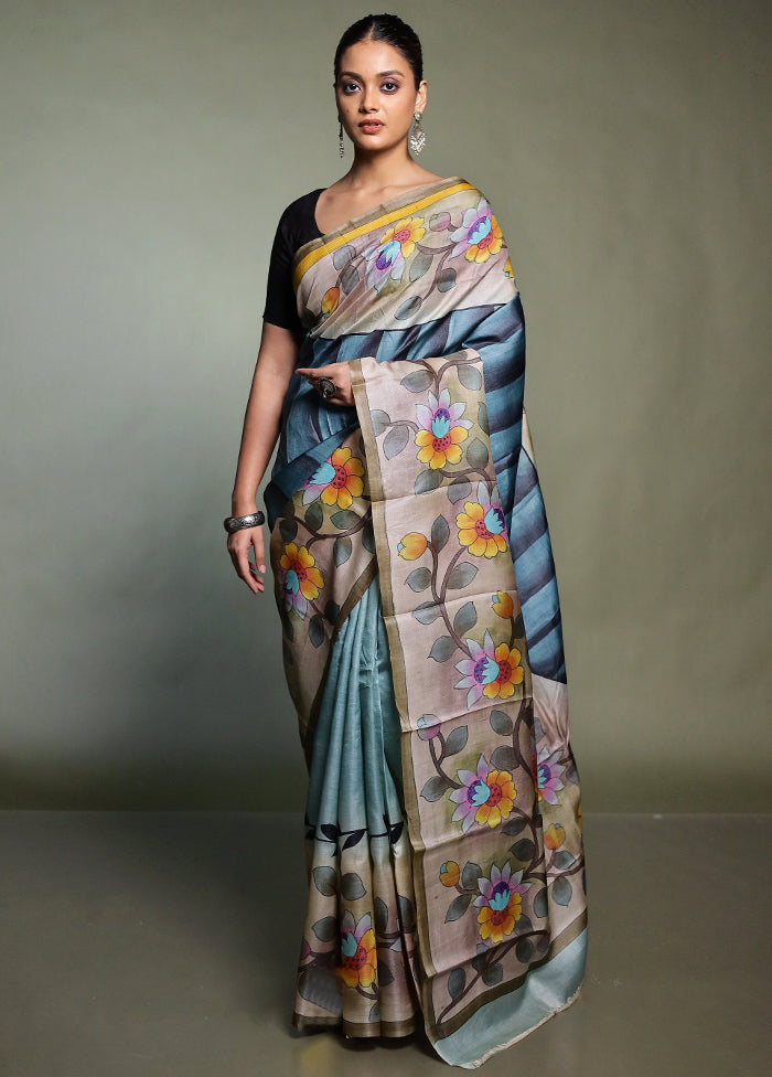 Multicolor Handloom Tussar Pure Silk Saree With Blouse Piece