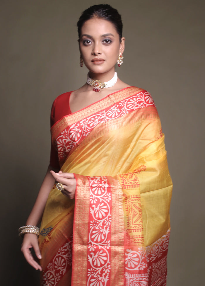 Yellow Printed Pure Silk Saree Without Blouse Piece