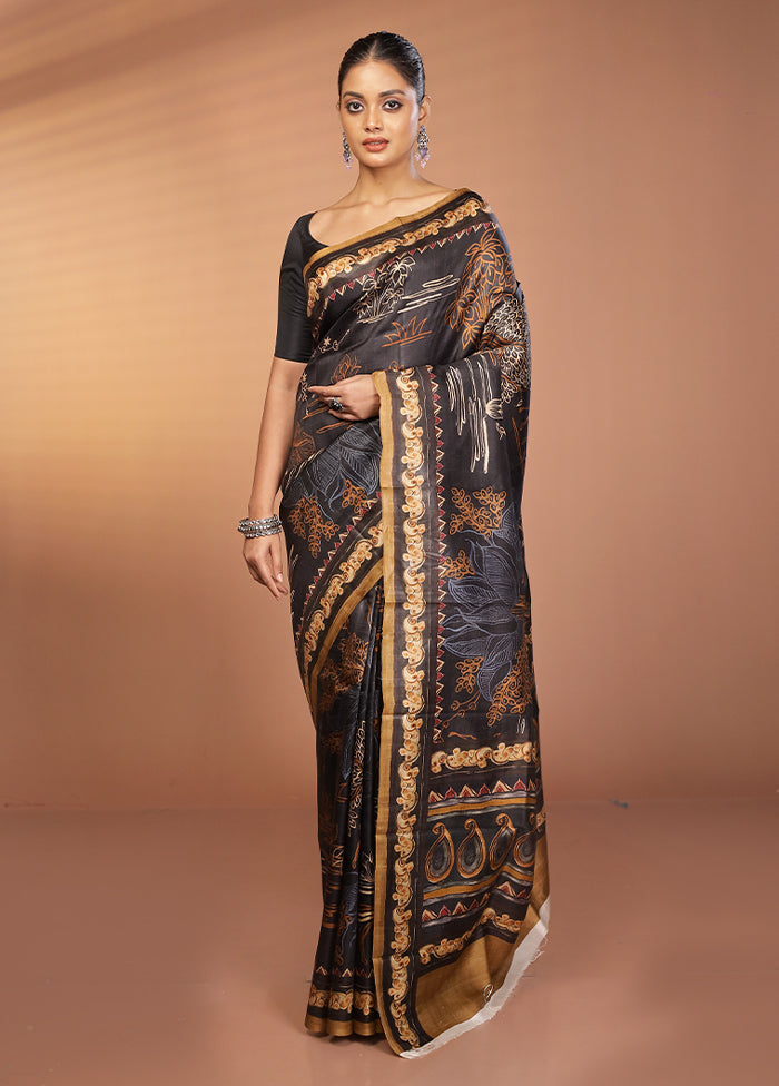 Black Handloom Printed Pure Silk Saree Without Blouse Piece