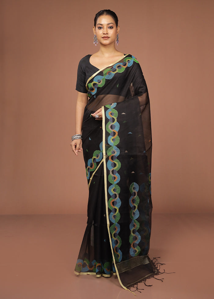 Black Handloom Matka Pure Silk Saree With Blouse Piece
