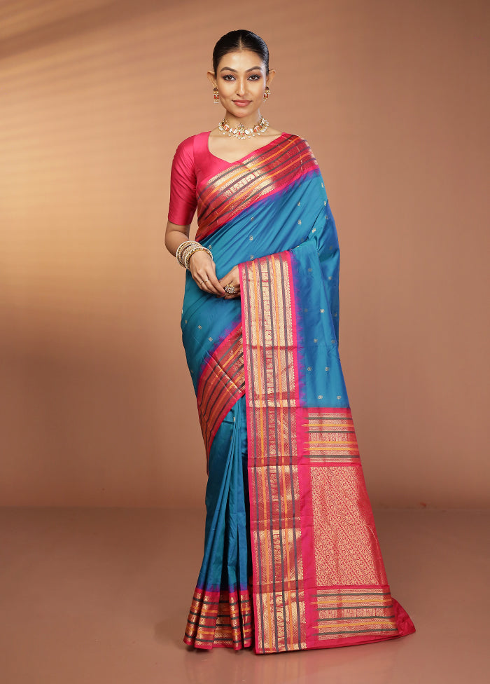 Blue Kanjivaram Silk Saree With Blouse Piece