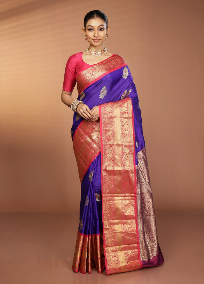 Blue Handloom Kanjivaram Pure Silk Saree With Blouse Piece