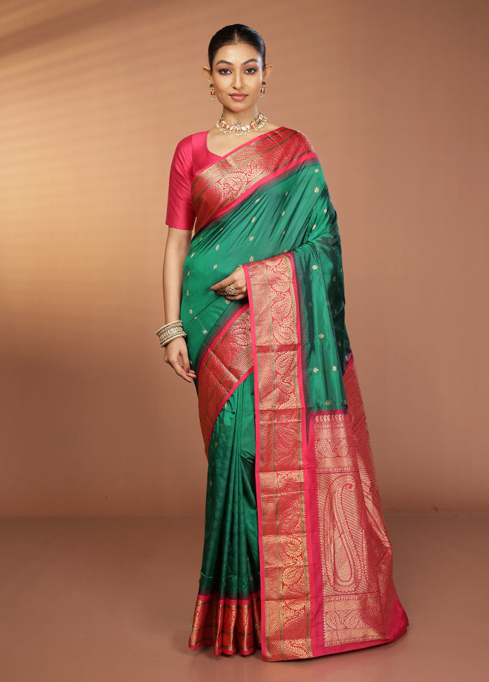 Green Handloom Kanjivaram Pure Silk Saree With Blouse Piece