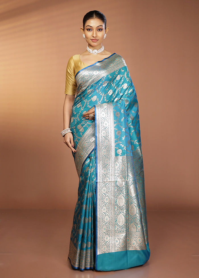 Blue Banarasi Silk Saree With Blouse Piece