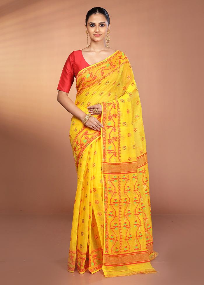 Yellow Tant Jamdani Saree Without Blouse Piece