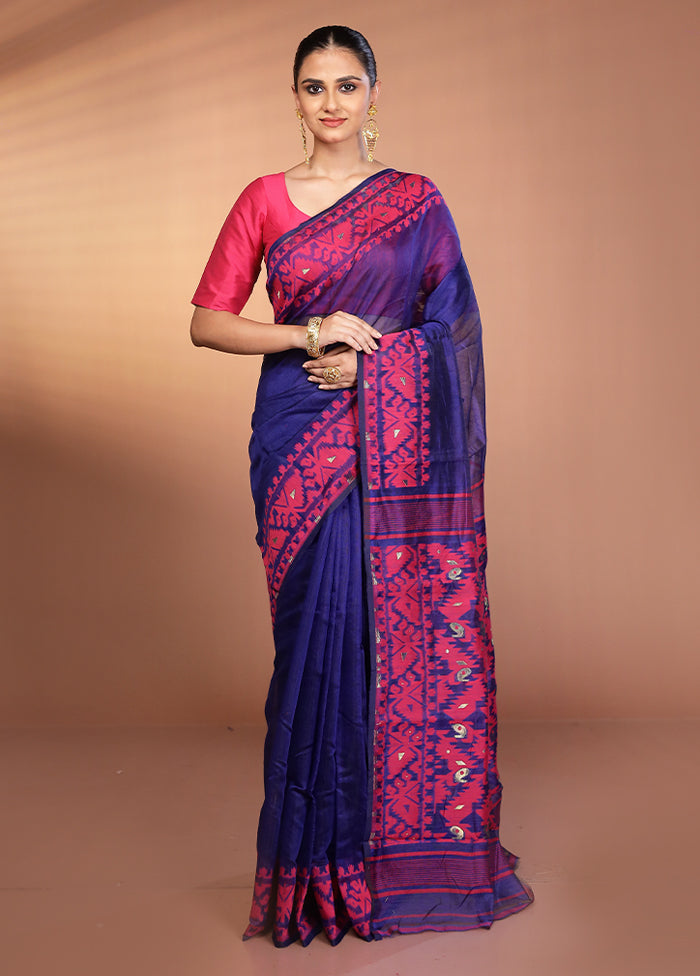 Blue Tant Jamdani Saree Without Blouse Piece