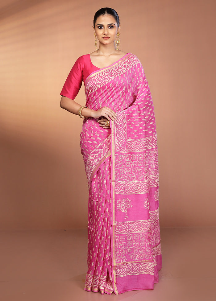 Pink Chanderi Silk Saree With Blouse Piece