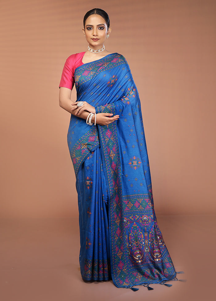 Blue Dupion Silk Saree With Blouse Piece