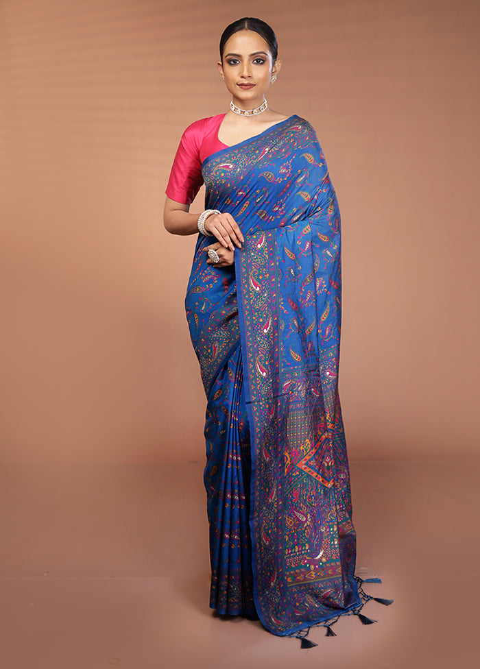 Blue Dupion Silk Saree With Blouse Piece