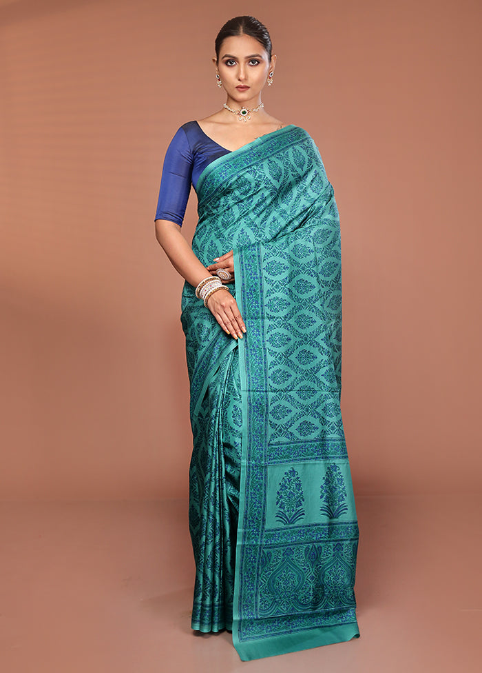 Green Handloom Printed Pure Silk Saree Without Blouse Piece