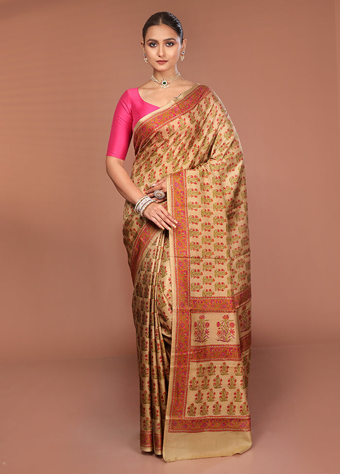 Cream Handloom Printed Pure Silk Saree Without Blouse Piece