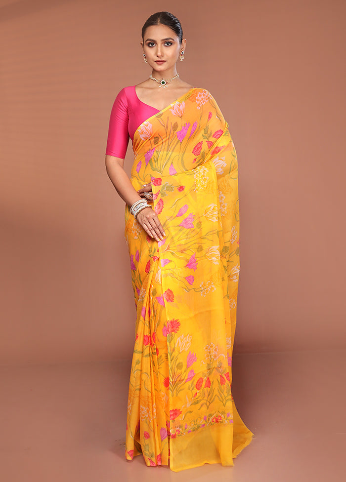 Yellow Handloom Chiffon Pure Silk Saree With Blouse Piece