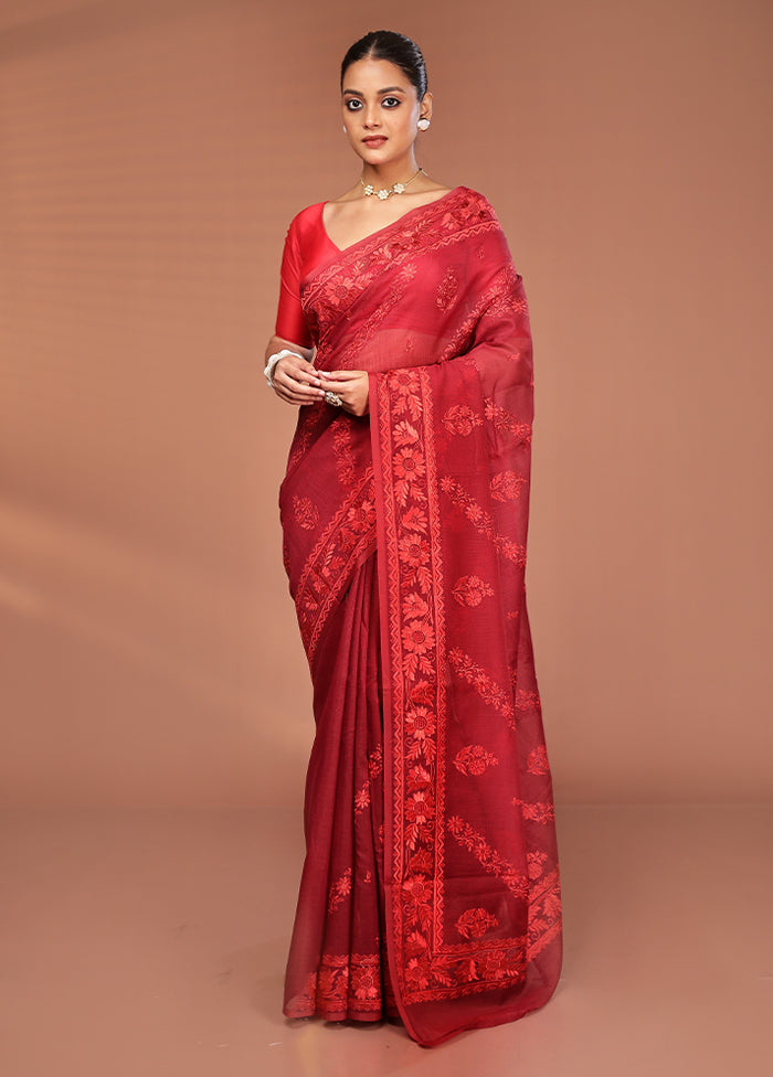Maroon Pure Cotton Saree With Blouse Piece