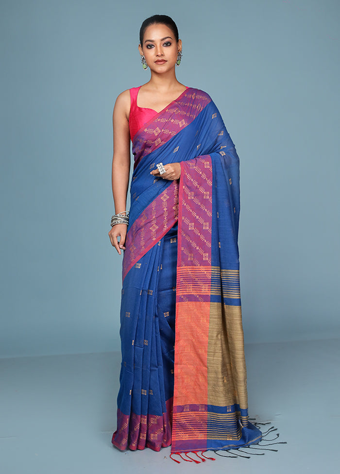 Blue Cotton Saree With Blouse Piece