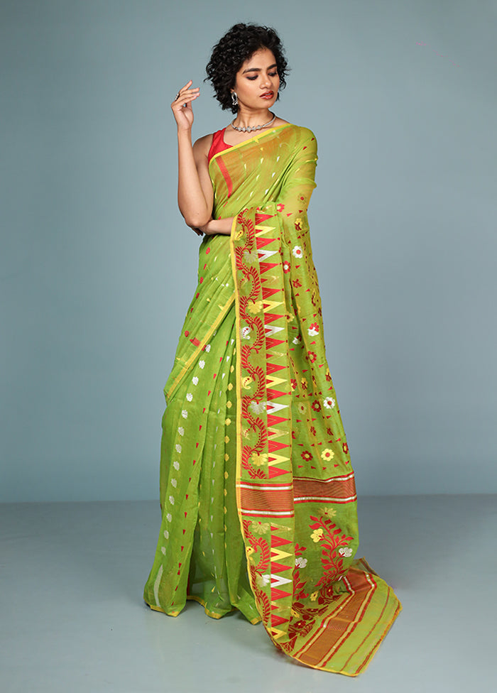 Green Tant Jamdani Saree Without Blouse Piece