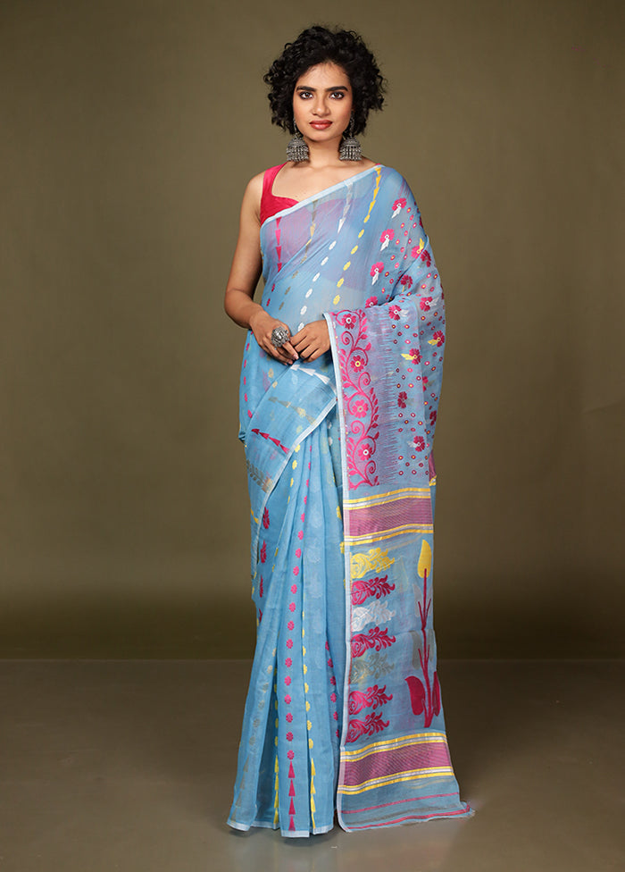 Blue Tant Jamdani Saree Without Blouse Piece