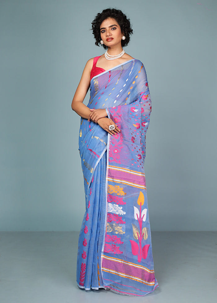 Blue Tant Jamdani Saree Without Blouse Piece