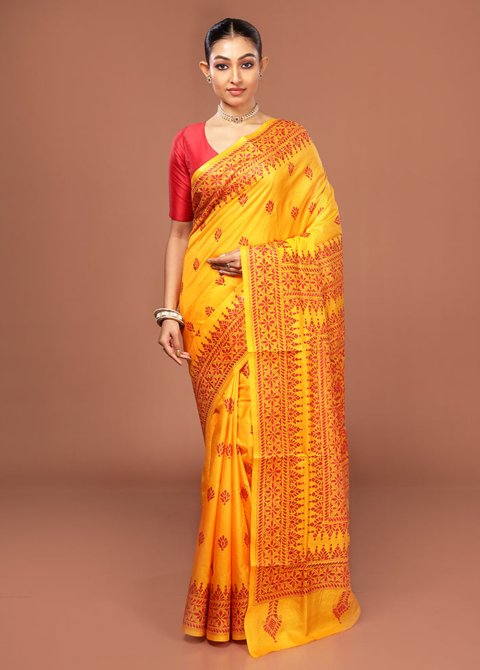 Yellow Kantha Stitch Pure Silk Saree With Blouse Piece