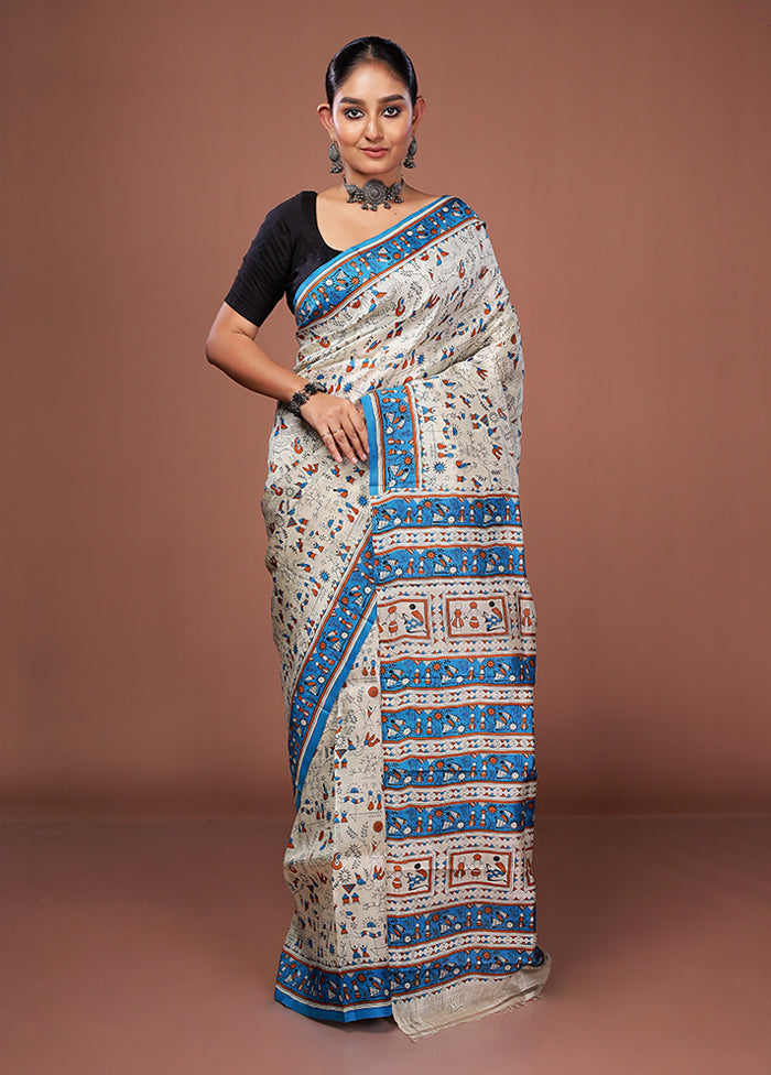 Cream Printed Pure Silk Saree Without Blouse Piece