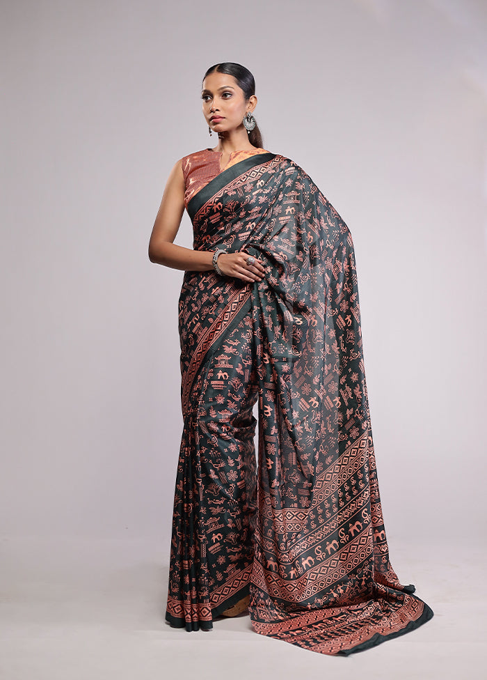 Green Printed Silk Saree Without Blouse Piece