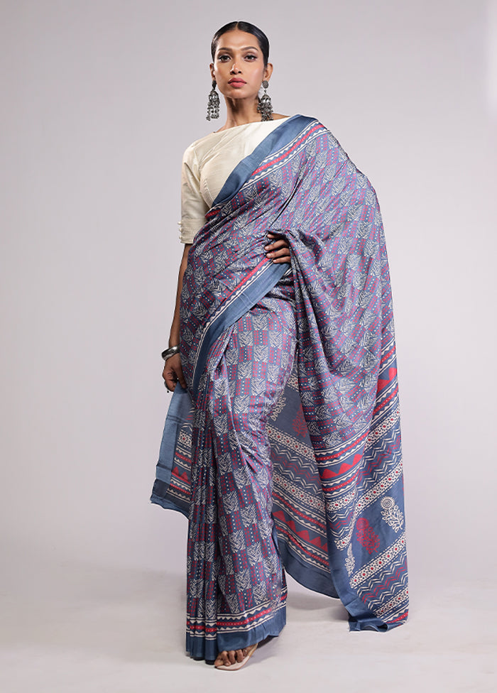 Blue Printed Silk Saree Without Blouse Piece