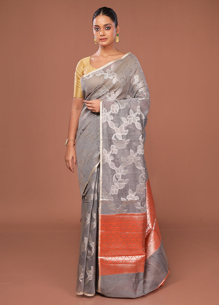 Grey Kora Silk Saree With Blouse Piece