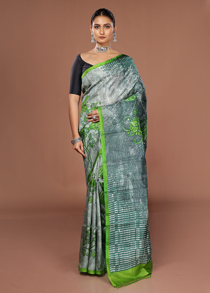 Grey Printed Pure Silk Saree Without Blouse Piece