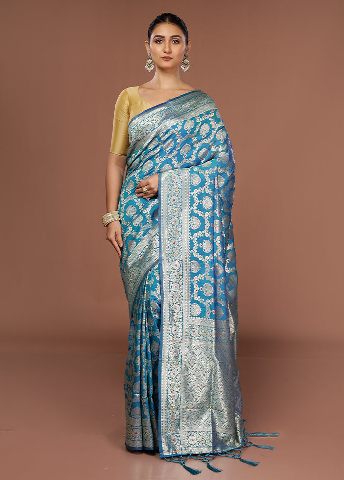 Blue Dupion Silk Saree With Blouse Piece