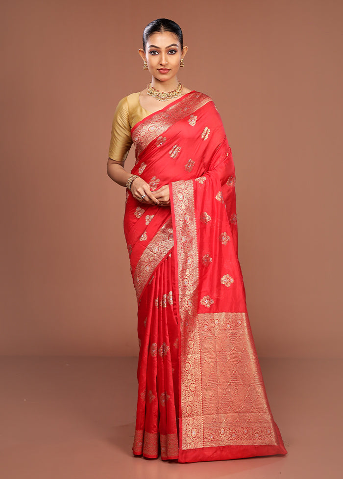 Red Dupion Silk Saree With Blouse Piece