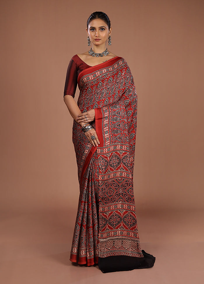 Maroon Printed Pure Silk Saree Without Blouse Piece