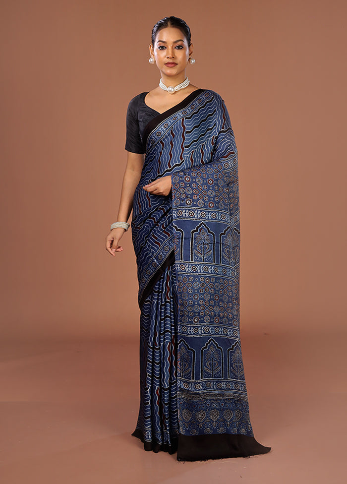 Blue Printed Pure Silk Saree Without Blouse Piece