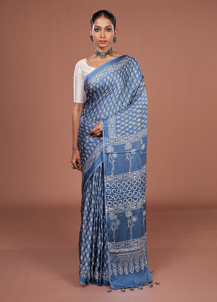 Blue Printed Pure Silk Saree Without Blouse Piece