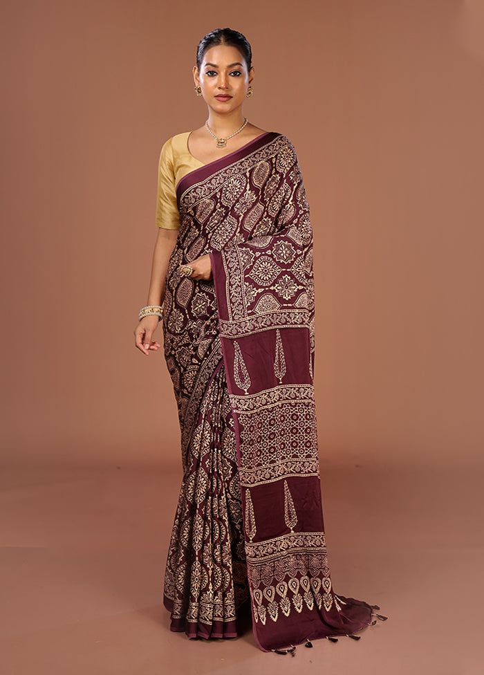 Purple Printed Pure Silk Saree Without Blouse Piece