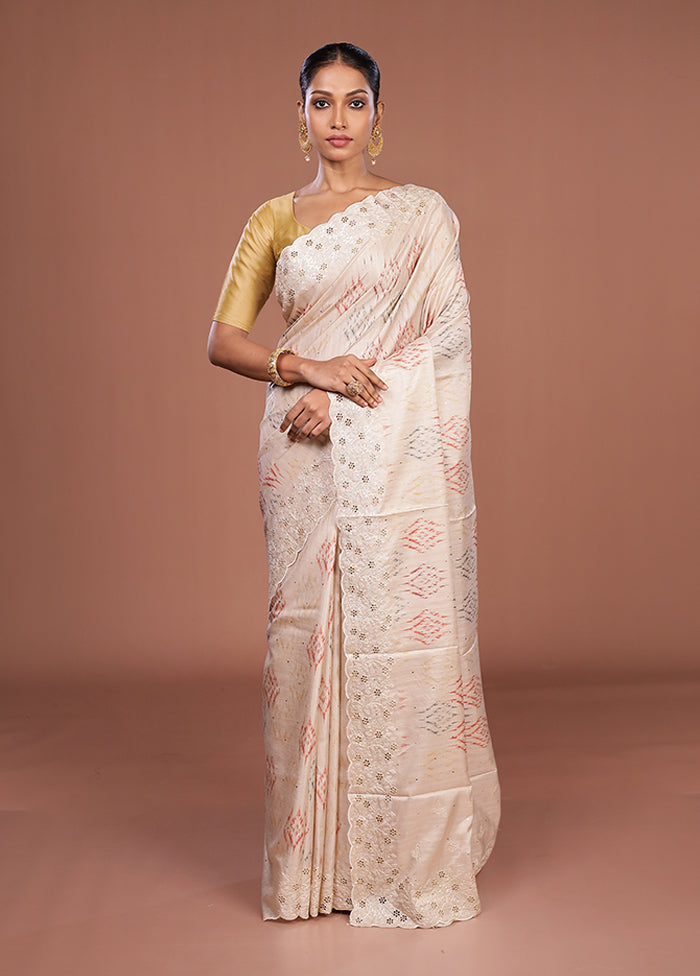 Cream Tussar Silk Saree With Blouse Piece