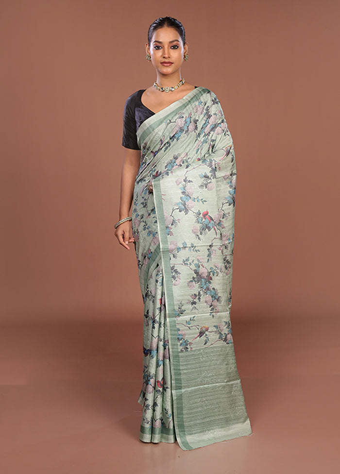 Blue Tussar Silk Saree With Blouse Piece